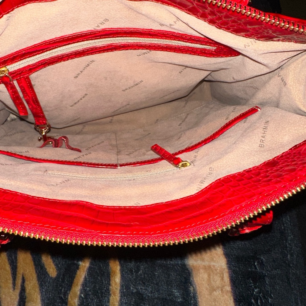 Used Once Brahmin Anywhere Melbourne Embossed Leather Tote Color:Red Carnation - Picture 6 of 9